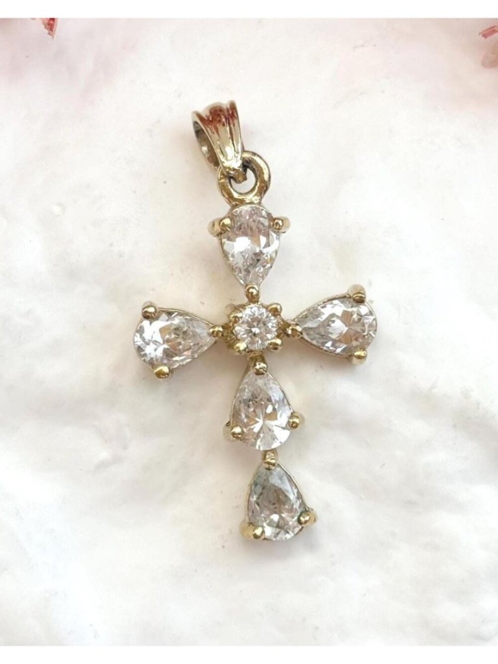 Cross Pear Cut Cluster CZ 18k Overlay Sterling Silver Vintage 925 Pendant